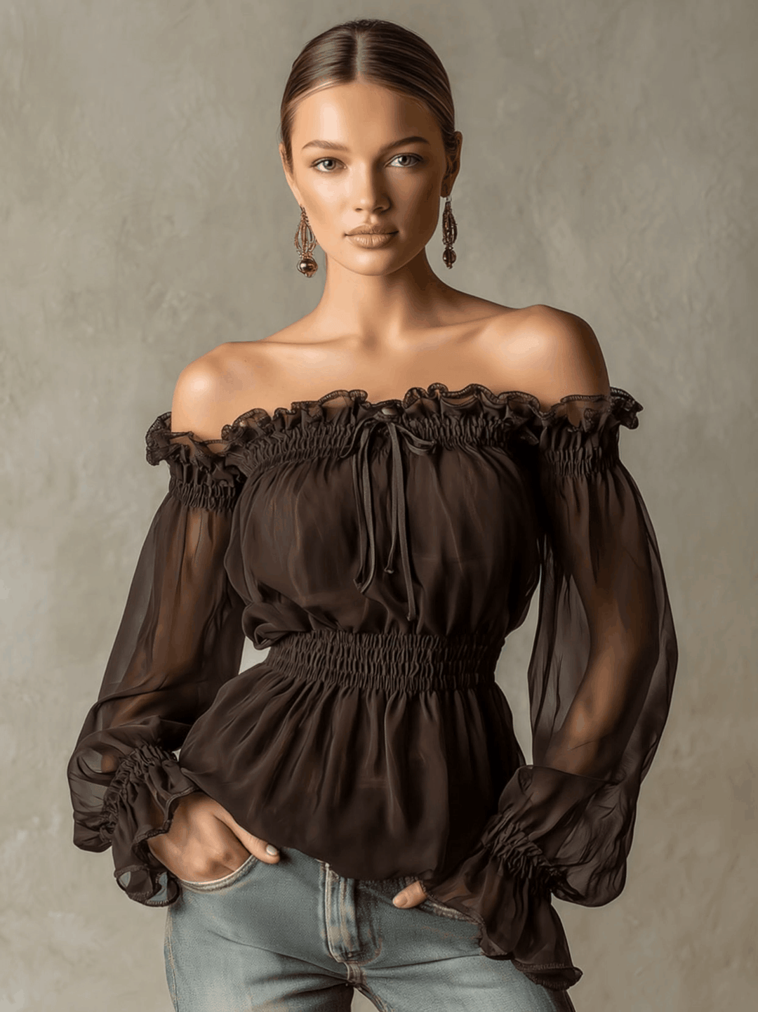 Fashionable Retro Ruffled Brown Off-shoulder Chiffon Blouse