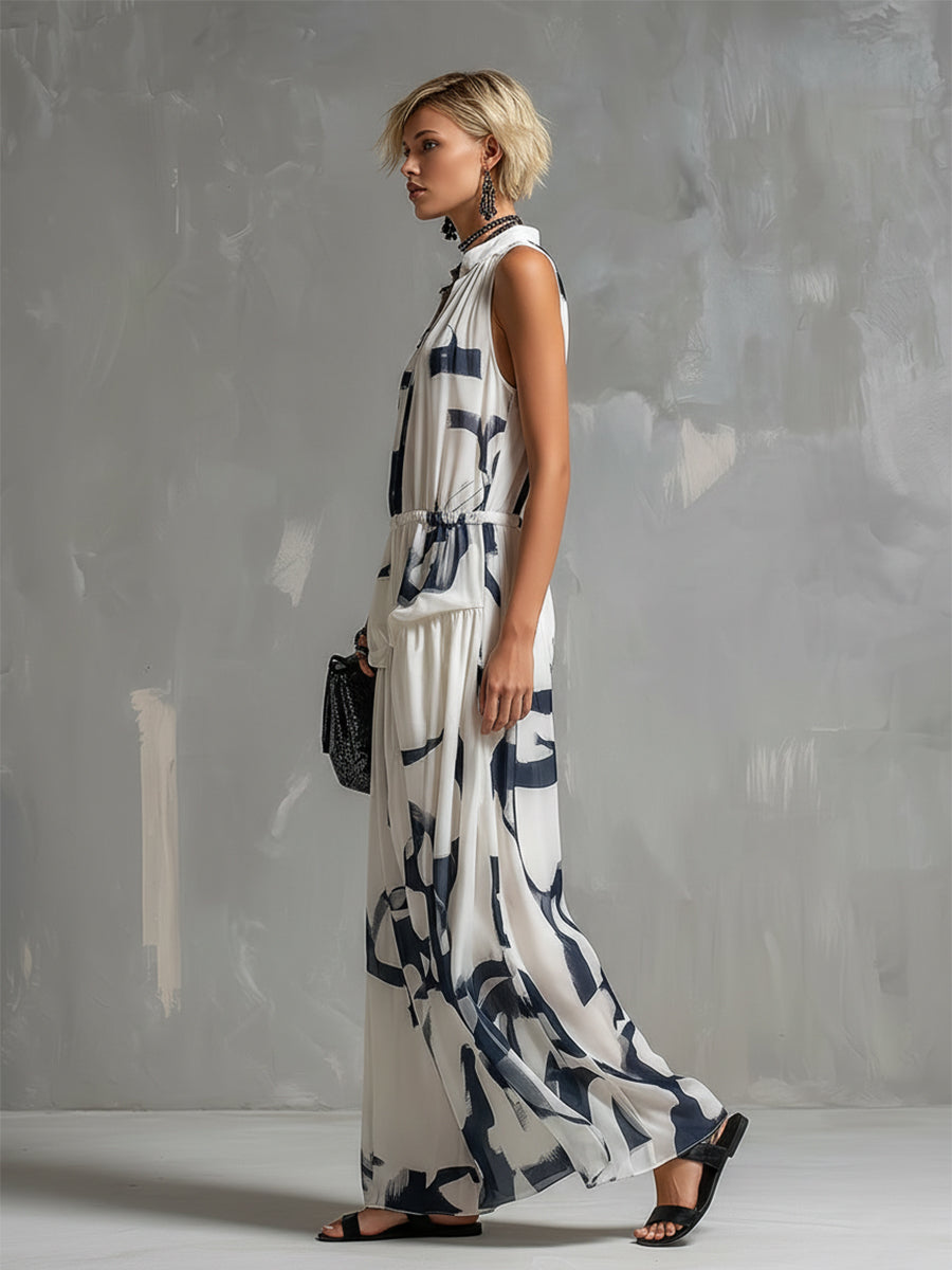 Chic Urban White Abstract Print Chiffon Sleeveless Shirt And Long Skirt Set
