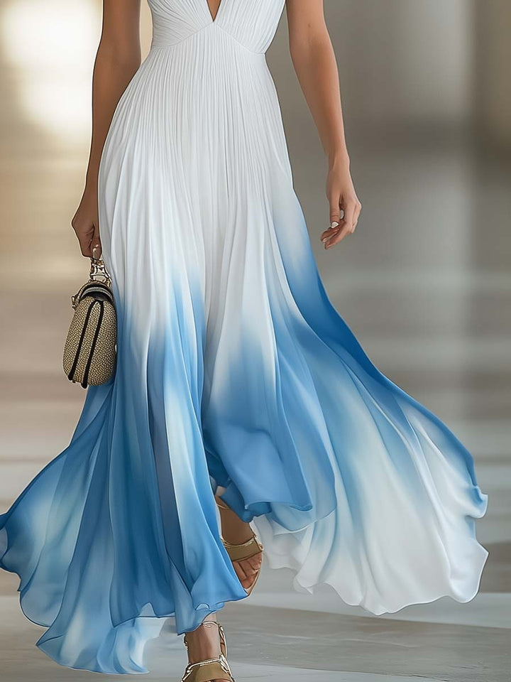 Elegant And Flowing V-Neck Pleated Chiffon Blue Gradient White Maxi Dress