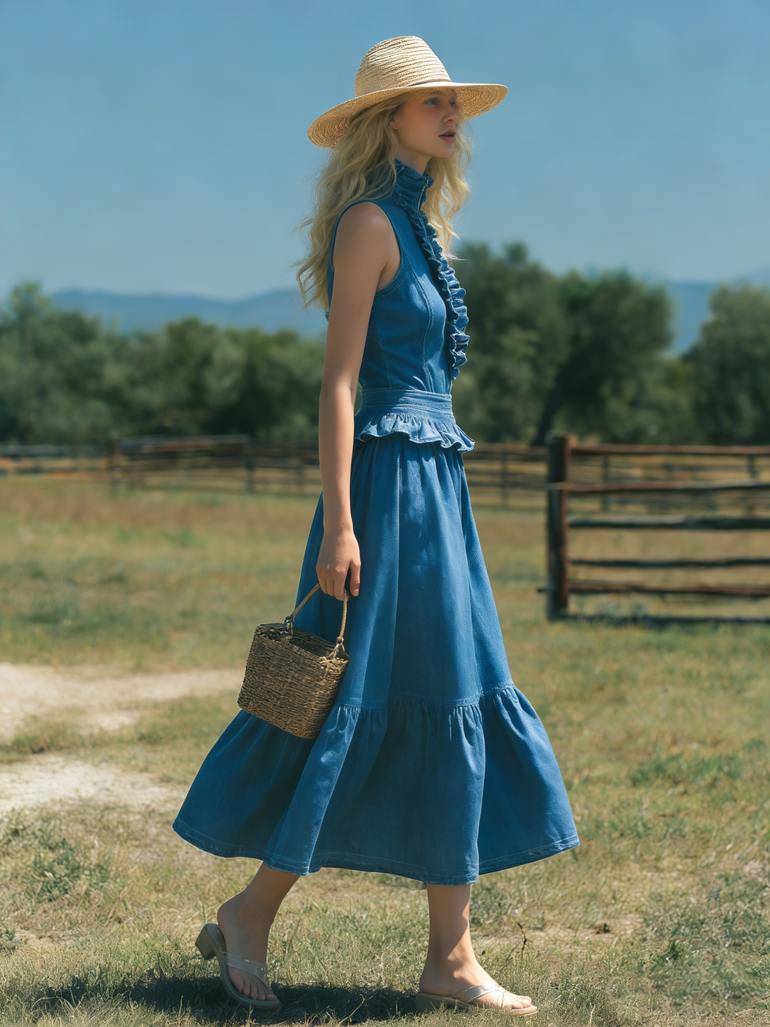 Retro Elegant Sleeveless High-neck Ruffled A-line Denim Maxi Dress
