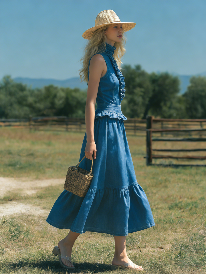 Retro Elegant Sleeveless High-neck Ruffled A-line Denim Maxi Dress