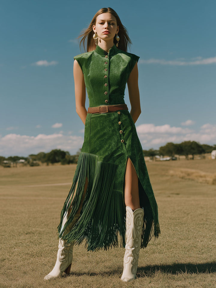 Western Retro Green Tassel Faux Suede Slit Sleeveless Midi Dress