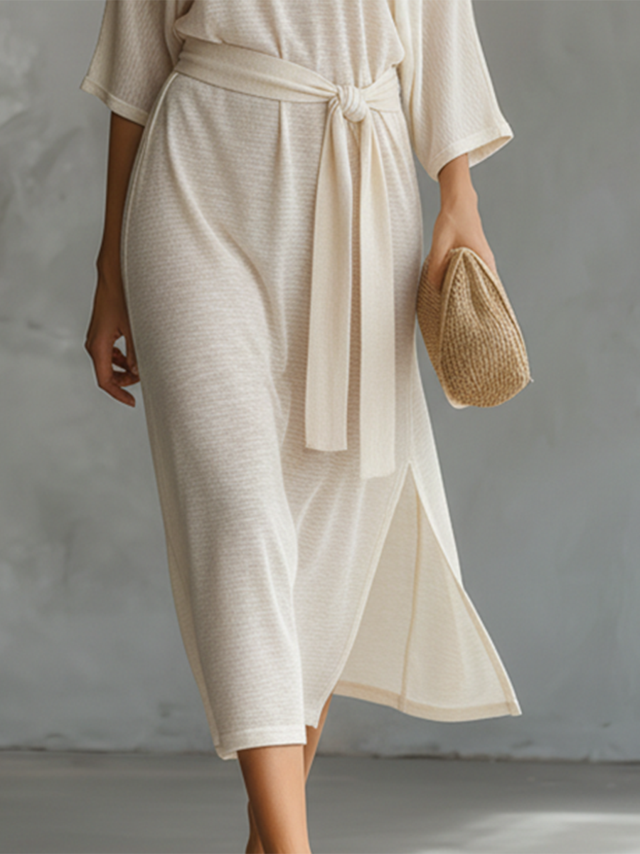 Lazy And Elegant Off-shoulder Short-sleeved Slit Midi Dress