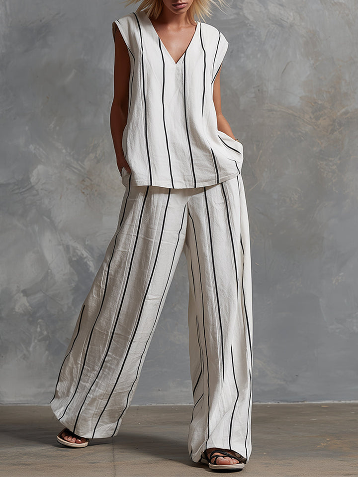 Classic Striped White Cotton Sleeveless Top And Wide-leg Pants Set