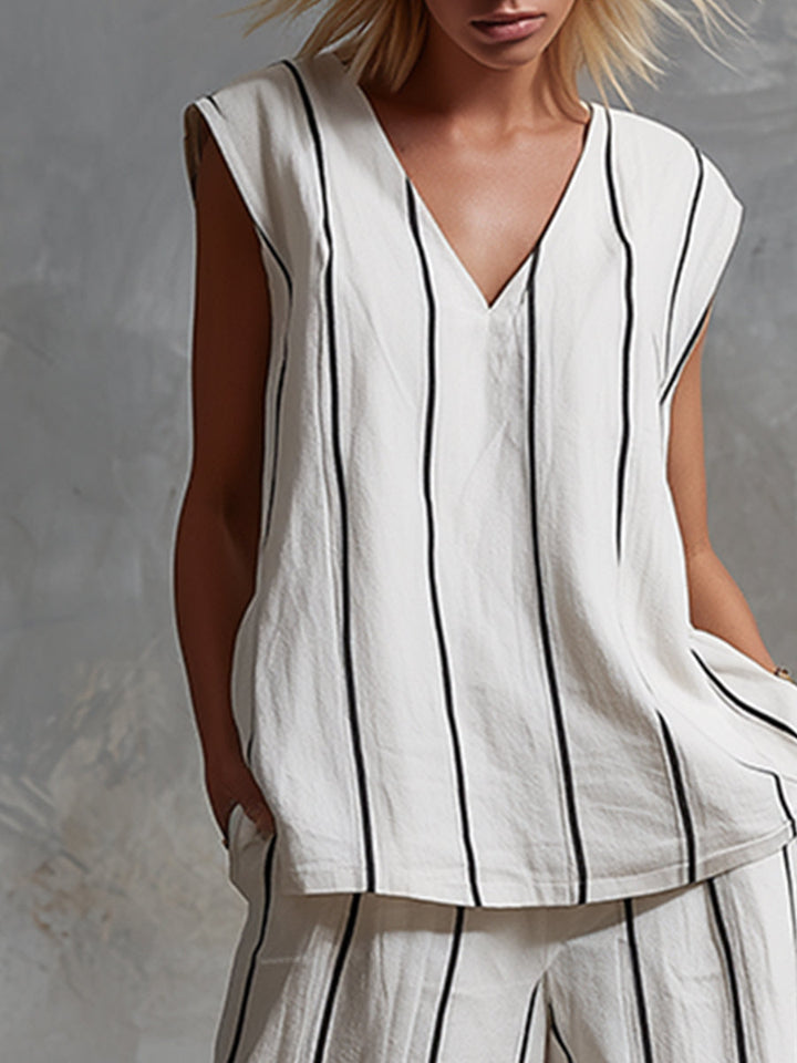 Classic Striped White Cotton Sleeveless Top And Wide-leg Pants Set