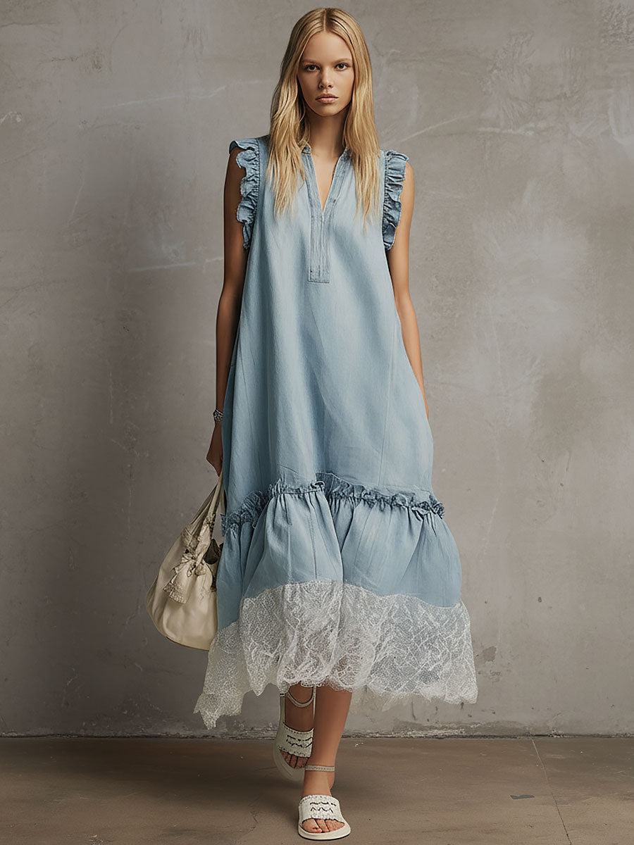 Fashionable Retro Lace Blue Denim V-neck Sleeveless Midi Dress