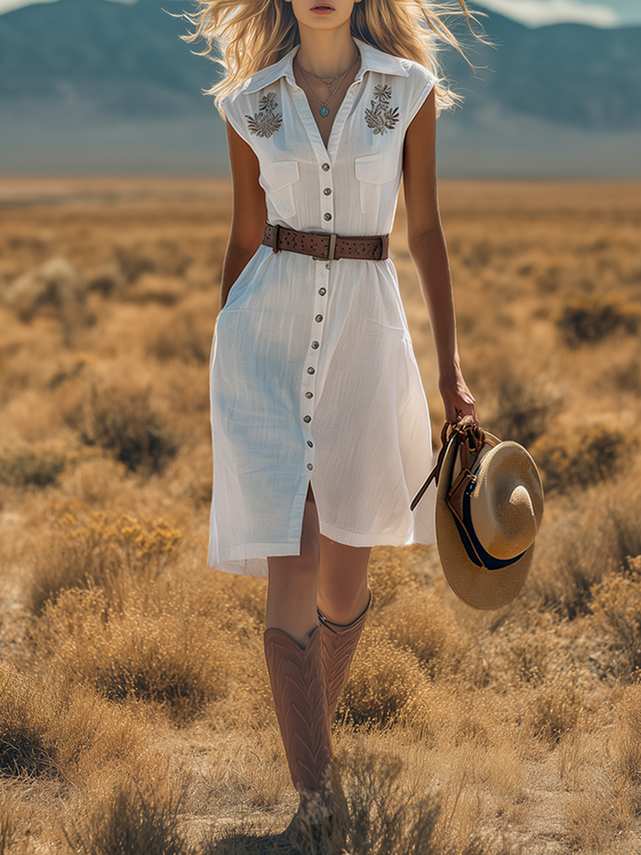 Comfortable And Casual Sleeveless Collared Embroidered Button-down Midi Dress