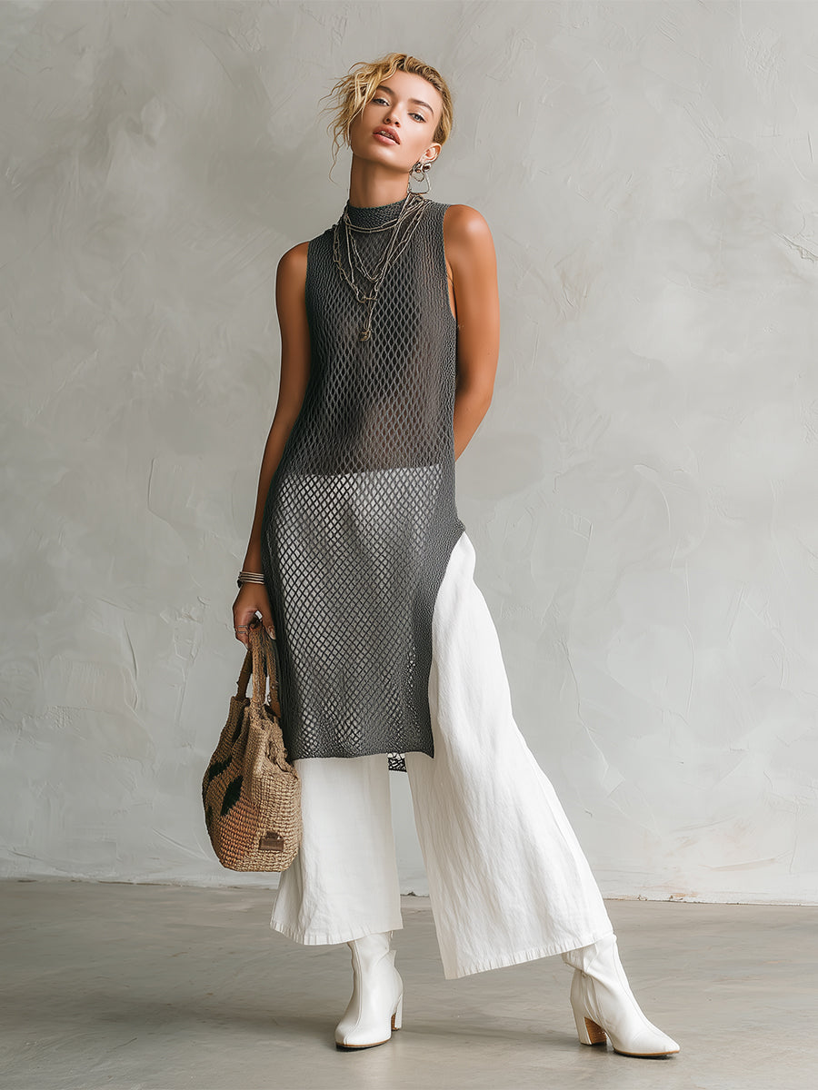 Urban Gray Openwork Knit Slit Long Top And White Cotton Linen Pants Set
