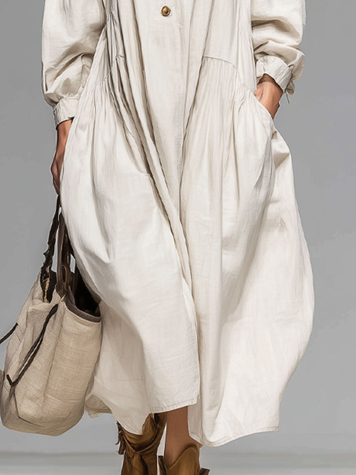 Loose Round-neck Button-front Double-pocket Cotton Long-sleeved Midi Dress