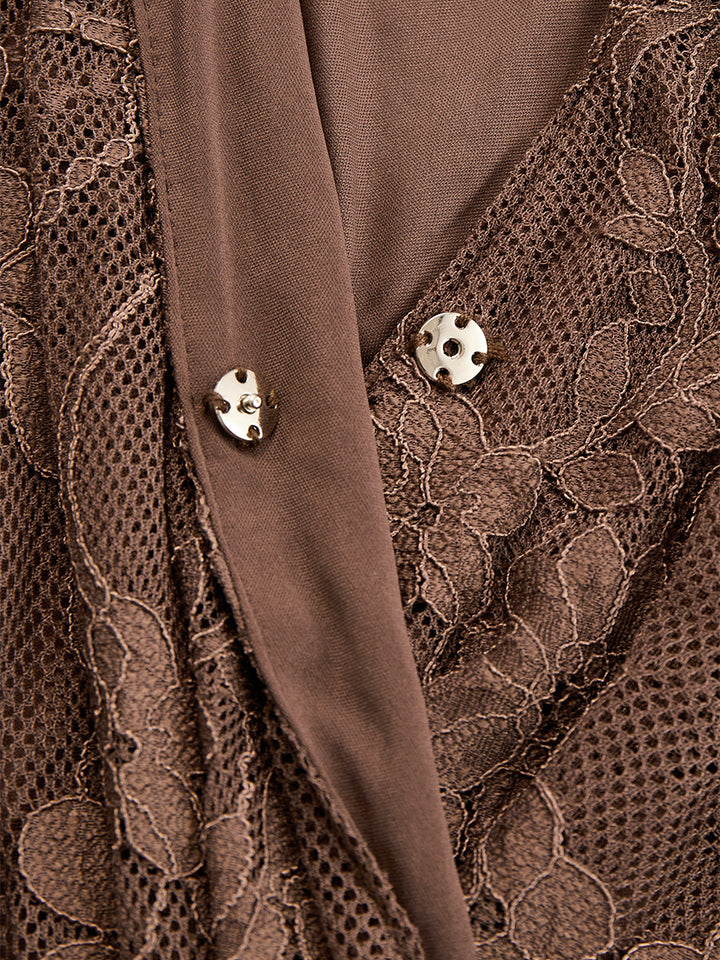 Elegant Brown Lace Front Slit Long Sleeve Maxi Dress