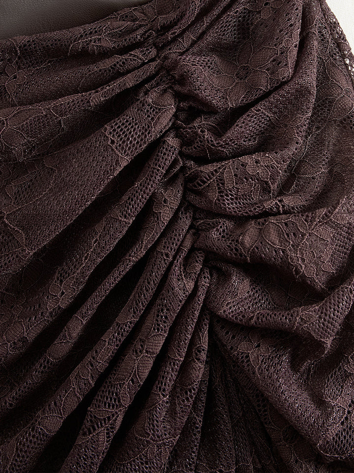 Retro High-end Brown-red Imitation Leather Stitching Lace Long-sleeved Maxi Dress