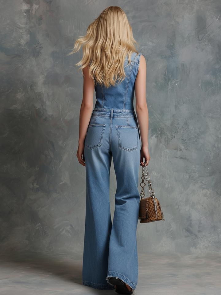 Retro-style Stand-up Collar Button-down Sleeveless Top And Wide-leg Denim Trousers Set