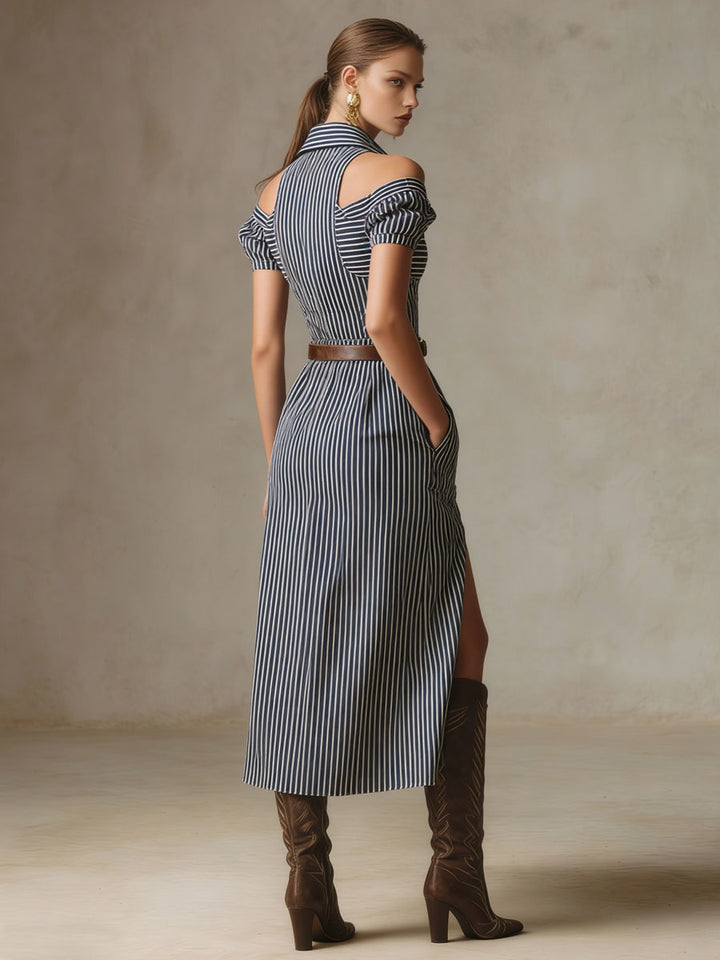 Western Retro Striped Navy Blue Faux Suede Cutout Short-sleeved Midi Dress