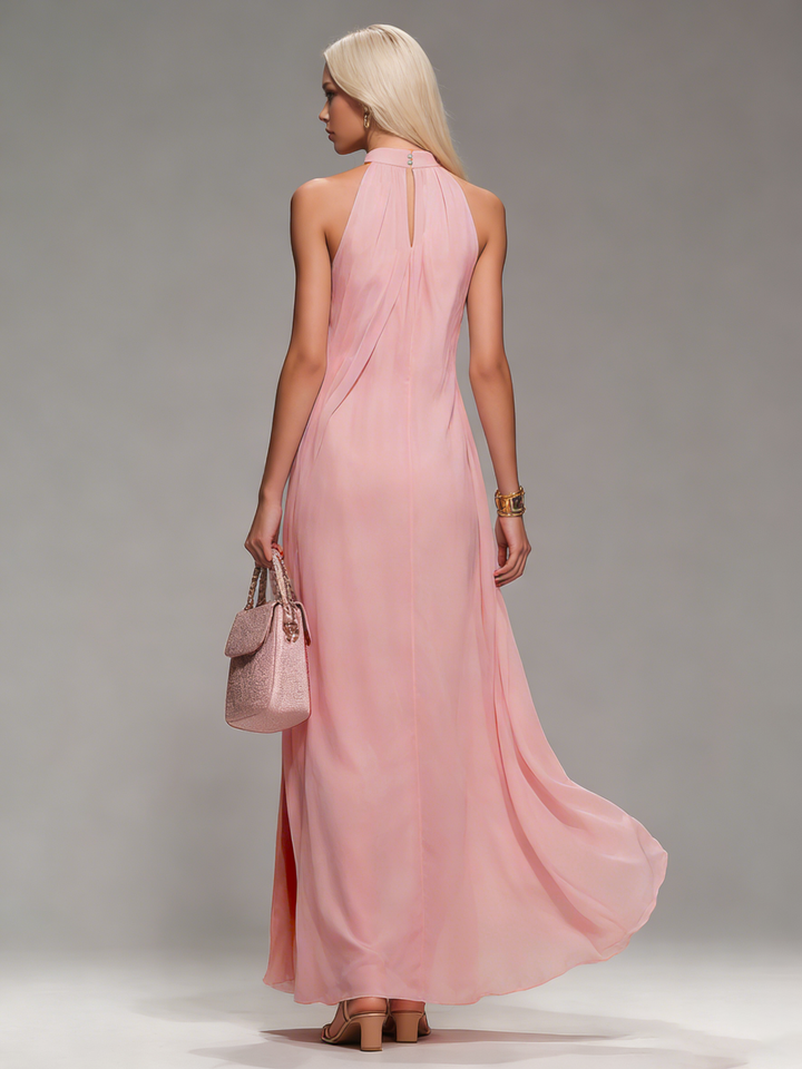 Comfortable And Elegant Halter Neck Sleeveless Slit Chiffon Maxi Dress