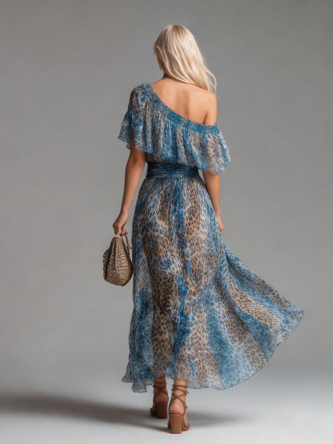 Stylish And Elegant Off-the-shoulder Short-sleeved Leopard Print Chiffon Maxi Dress