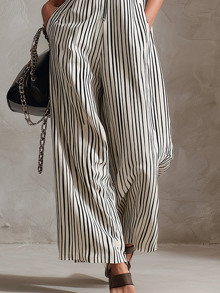 Classic Urban Silhouette Striped V-neck Sleeveless Wide-leg Jumpsuit