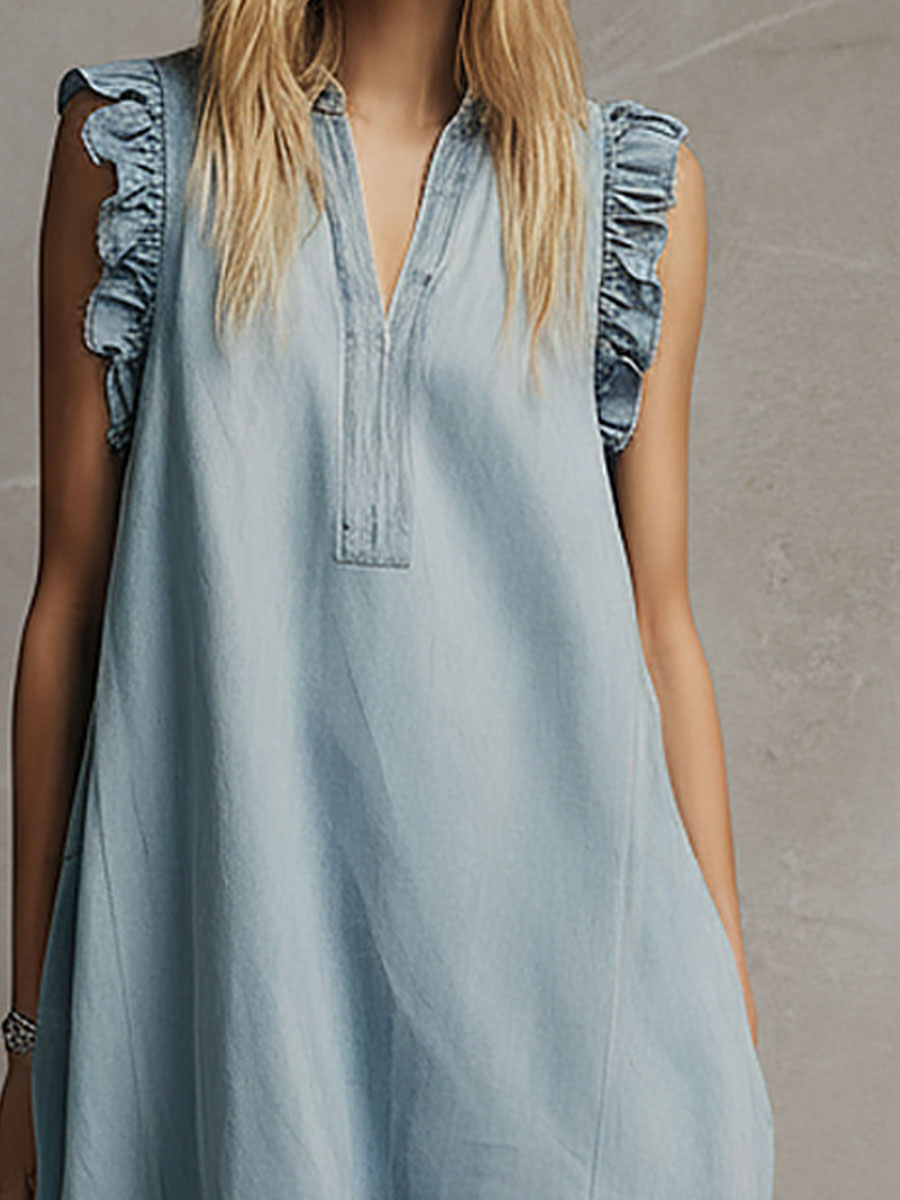 Fashionable Retro Lace Blue Denim V-neck Sleeveless Midi Dress