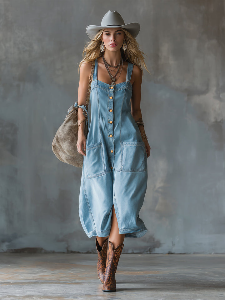 Vintage Elegant Suspender Blue Denim Front Button Square Neck Sleeveless Midi Dress