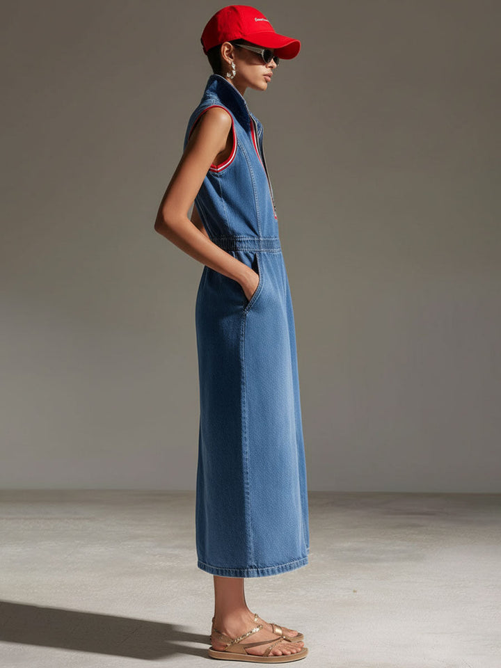 Casual Retro Blue Denim Sleeveless Half-zip Slit Midi Dress