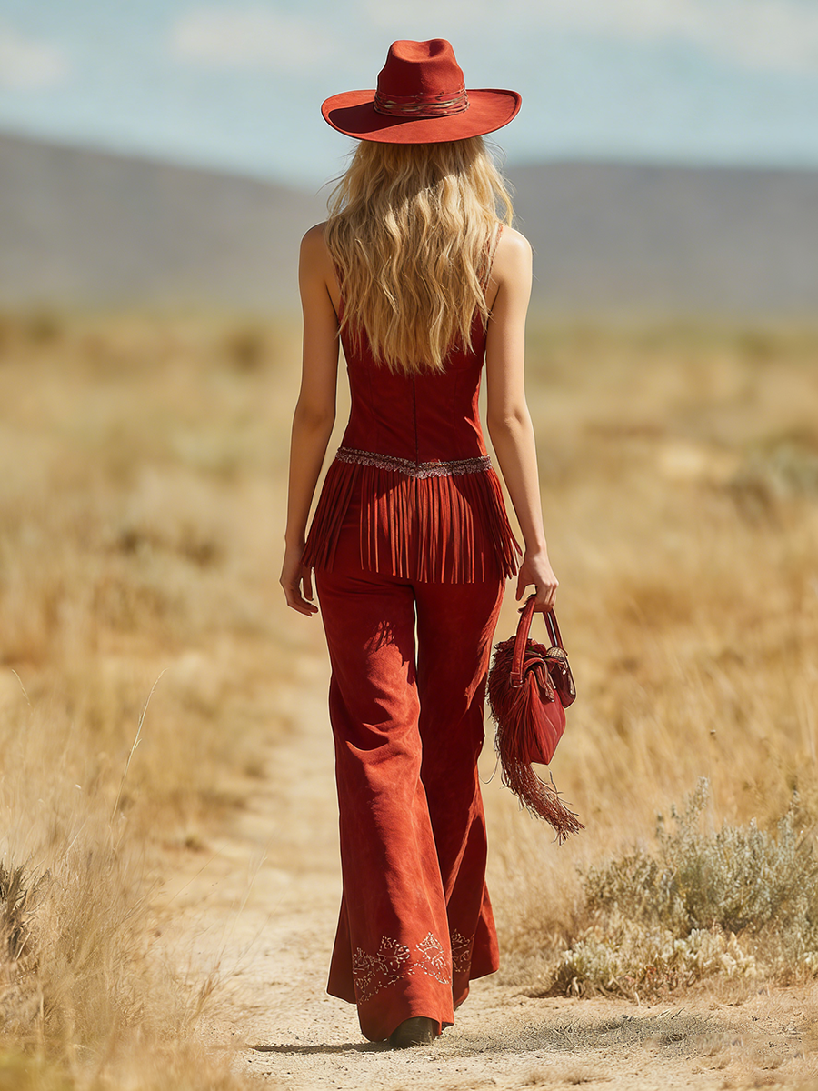 Modern And Stylish Sleeveless V-neck Fringed Top And Flared Embroidered Trousers Set