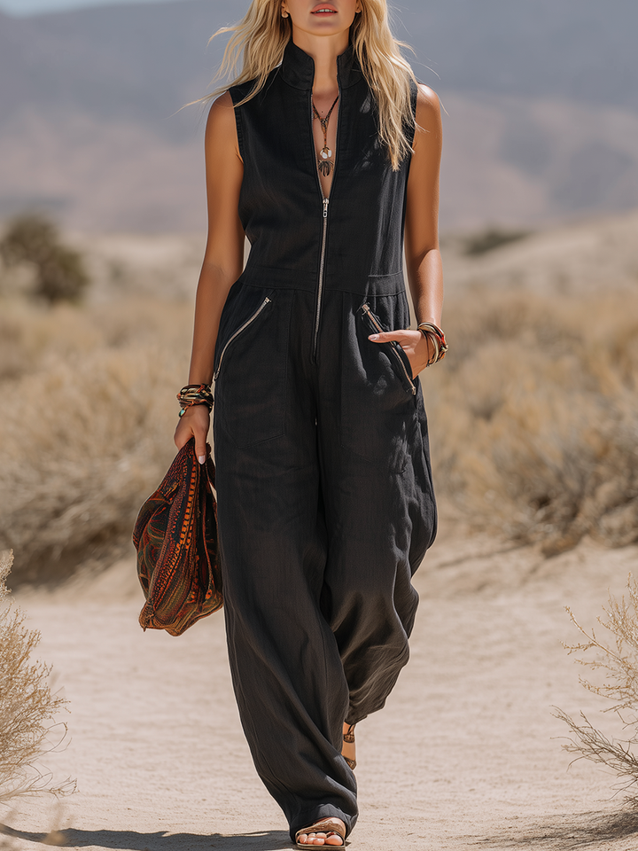 Retro Bohemian Style Stand Collar Sleeveless Zipper Cotton Linen Jumpsuit