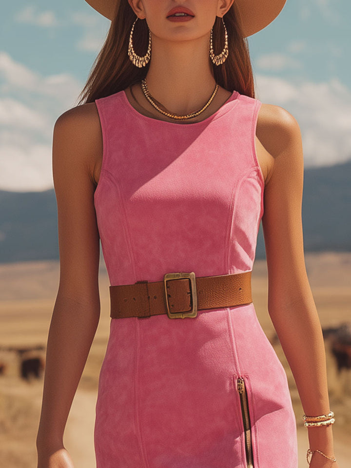 Western Retro Pink Sleeveless Round Neck Slit Hem Faux Suede Midi Dress