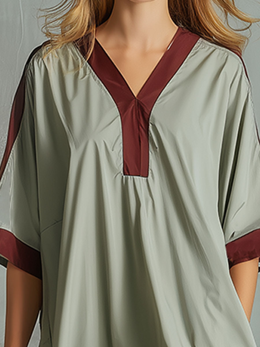 Casual Sporty Style Red Trim Gray-green V-neck Midi Dress