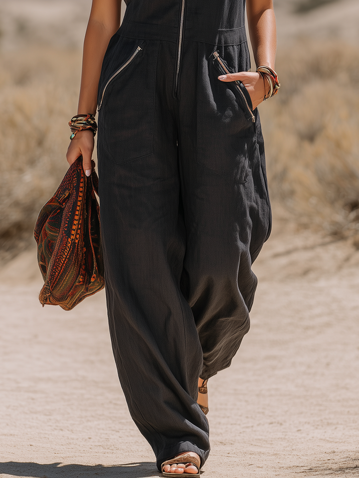 Retro Bohemian Style Stand Collar Sleeveless Zipper Cotton Linen Jumpsuit