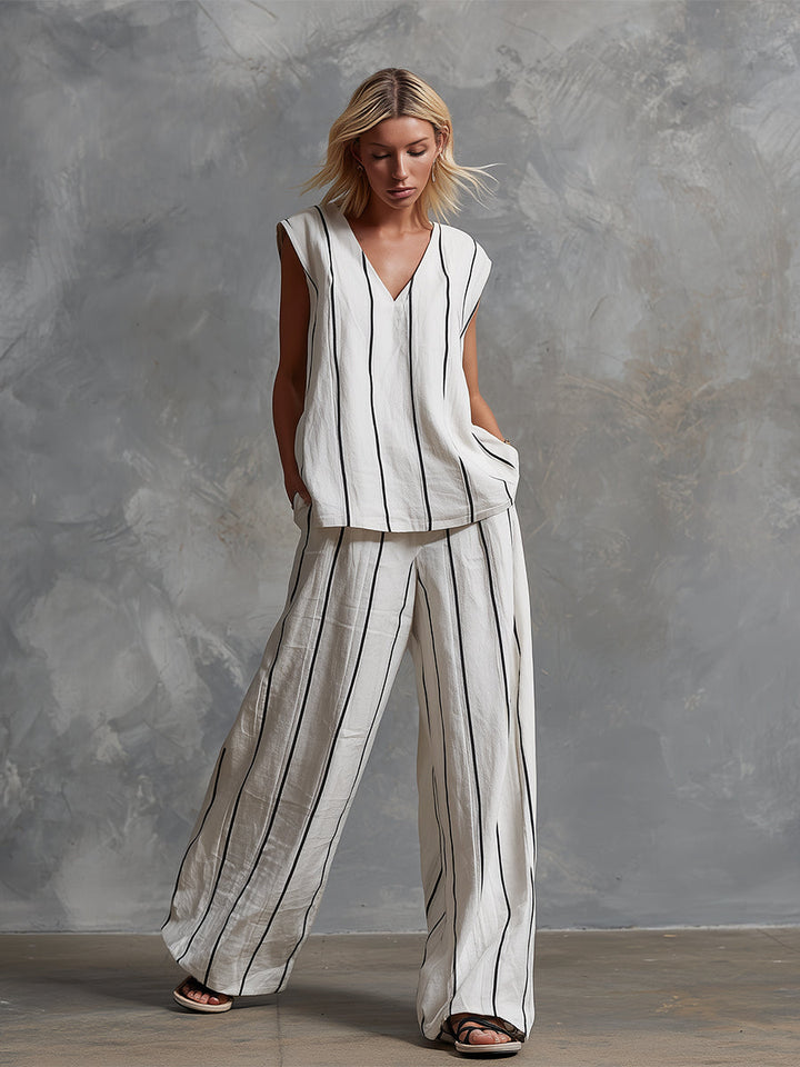 Classic Striped White Cotton Sleeveless Top And Wide-leg Pants Set