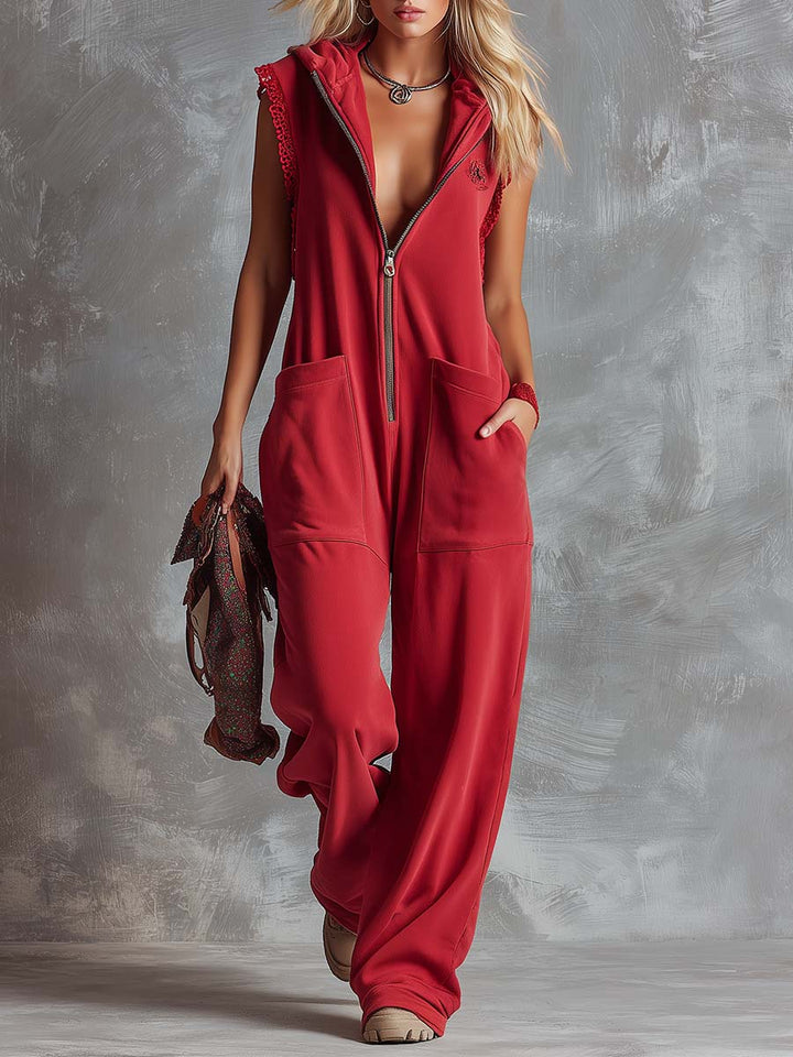 Retro Fashiona Sporty Hooded V-neck Front Zipper Cotton Jumpsuit