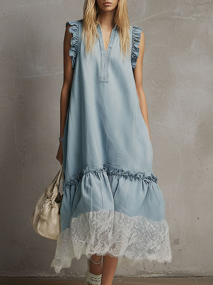 Fashionable Retro Lace Blue Denim V-neck Sleeveless Midi Dress