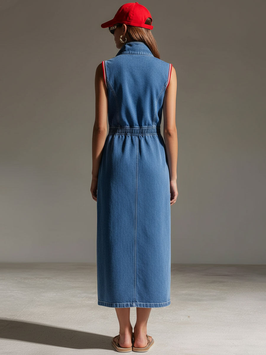 Casual Retro Blue Denim Sleeveless Half-zip Slit Midi Dress