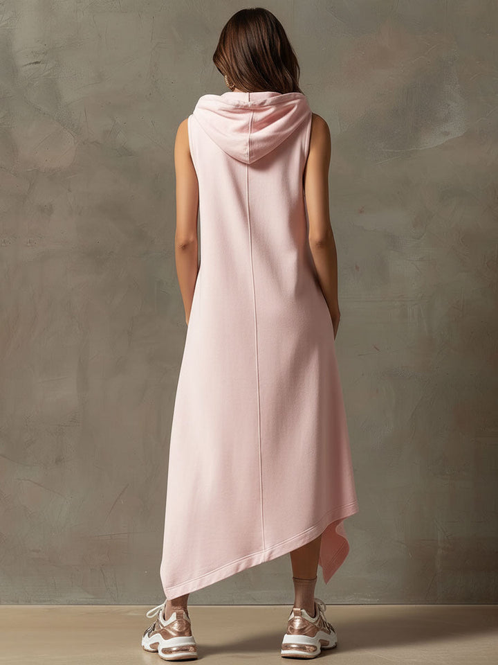Sporty Retro Sleeveless Pink Hooded Cardigan Dress With Asymmetrical Midi Length