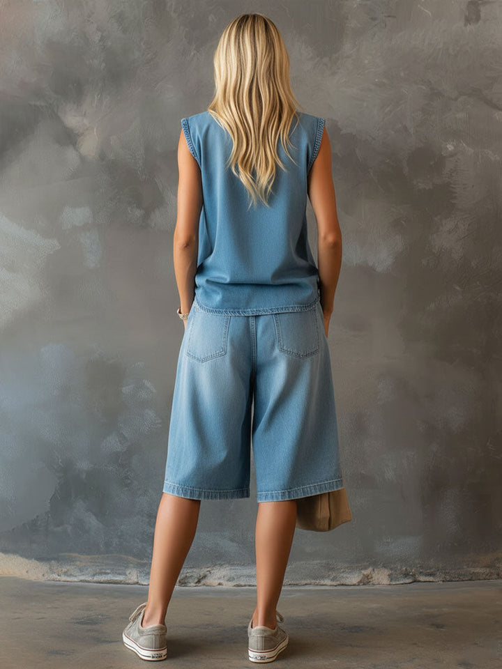 Western-style Retro V-neck Sleeveless Top And Denim Shorts Set