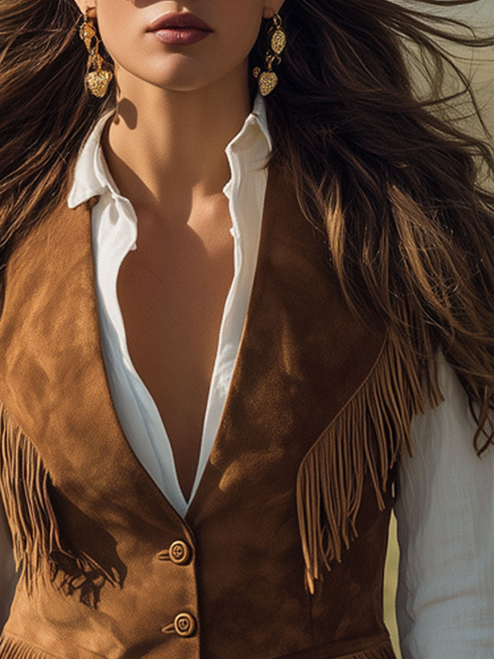 Western Retro Tassel Light Brown Faux Suede Vest
