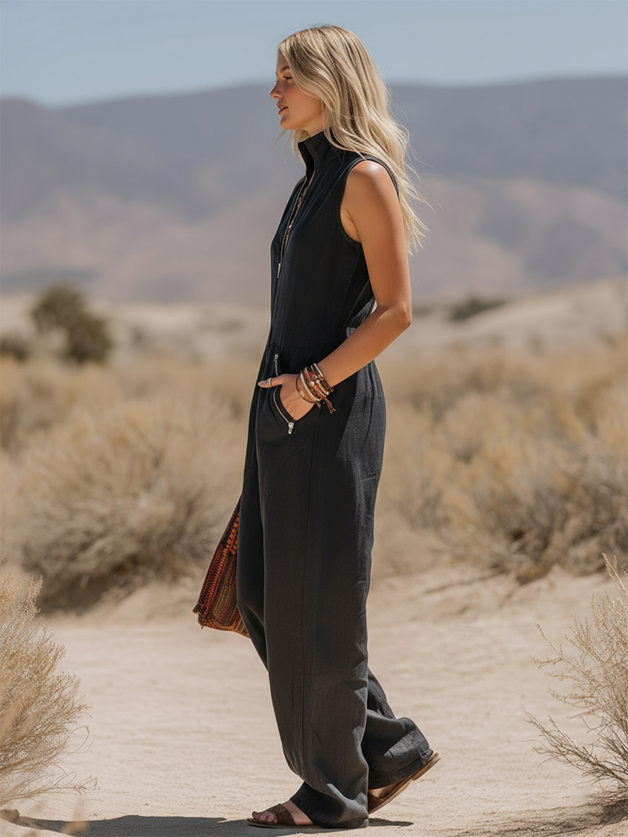 Retro Bohemian Style Stand Collar Sleeveless Zipper Cotton Linen Jumpsuit