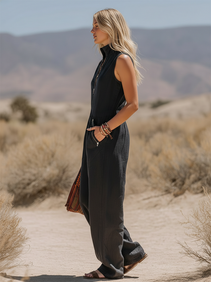 Retro Bohemian Style Stand Collar Sleeveless Zipper Cotton Linen Jumpsuit