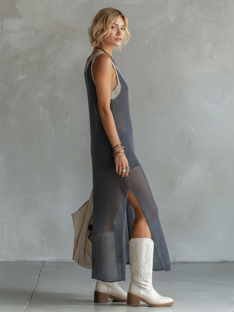 Stylish And Elegant Gray Mesh Knit Sleeveless Maxi Dress