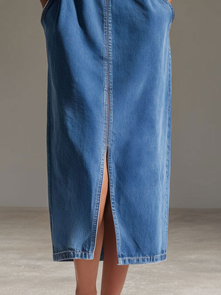 Casual Retro Blue Denim Sleeveless Half-zip Slit Midi Dress