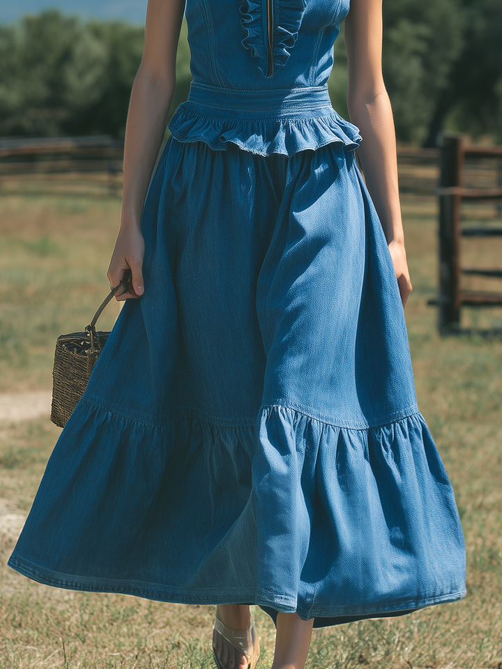 Retro Elegant Sleeveless High-neck Ruffled A-line Denim Maxi Dress