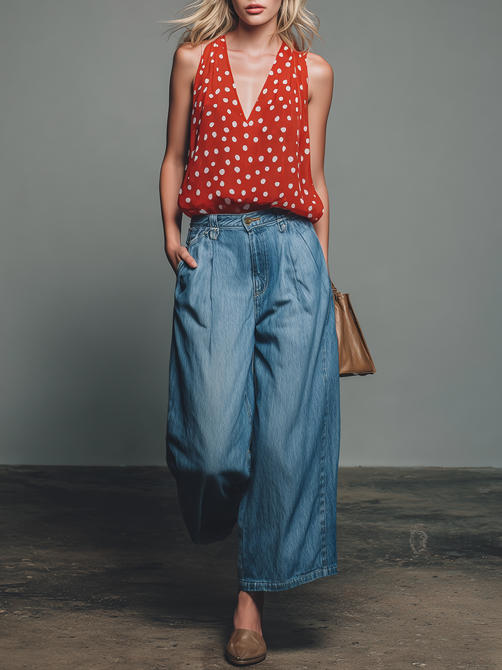 Retro-style Polka Dot V-neck Chiffon Sleeveless Top And Denim Capri Pants Set