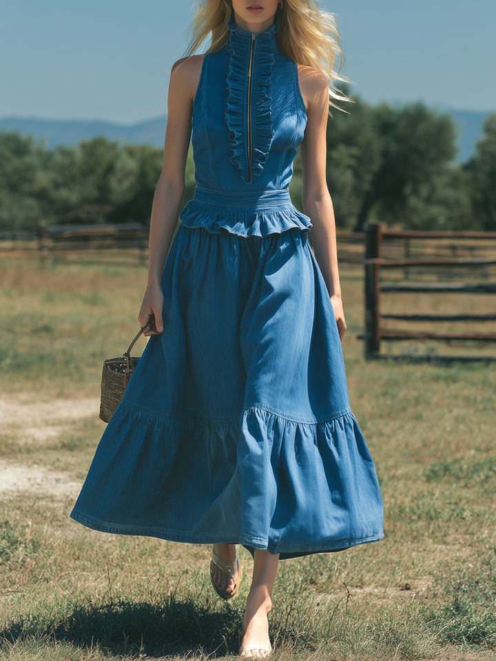 Retro Elegant Sleeveless High-neck Ruffled A-line Denim Maxi Dress