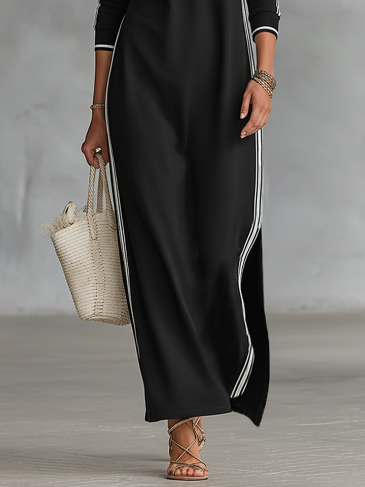 Women's Minimalist White-trimmed Button-down Collar Sweatshirt Dress Maxi Dress MDA0958L0Y