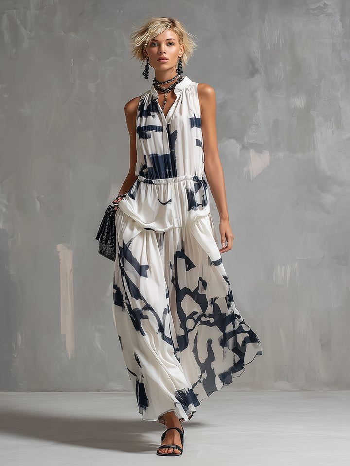 Chic Urban White Abstract Print Chiffon Sleeveless Shirt And Long Skirt Set