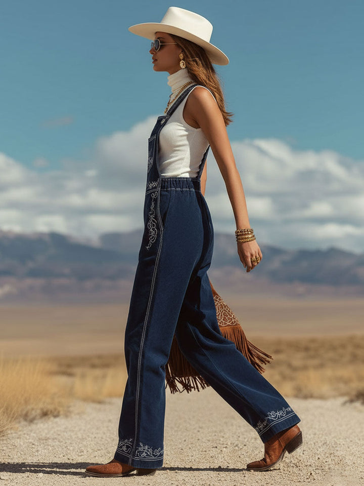 Western Retro Navy Blue Faux Suede Embroidered Overalls