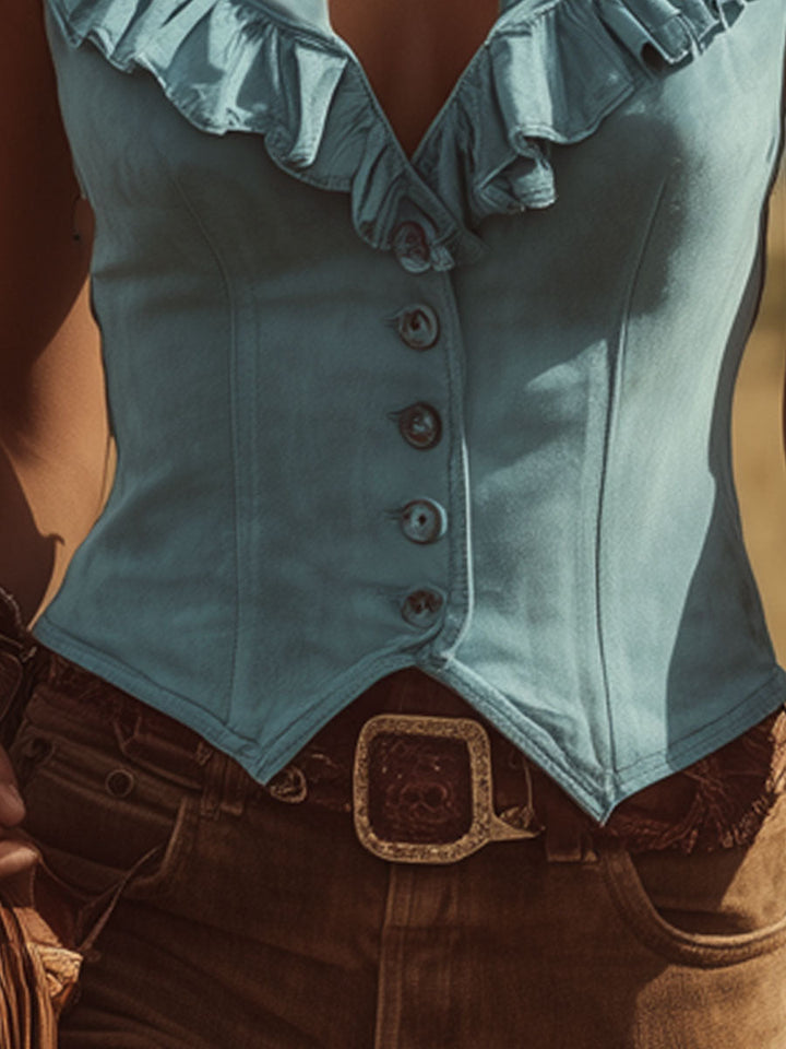 Western Retro Bohemian Style Lake Blue Faux Suede Ruffled Sleeveless Shirt