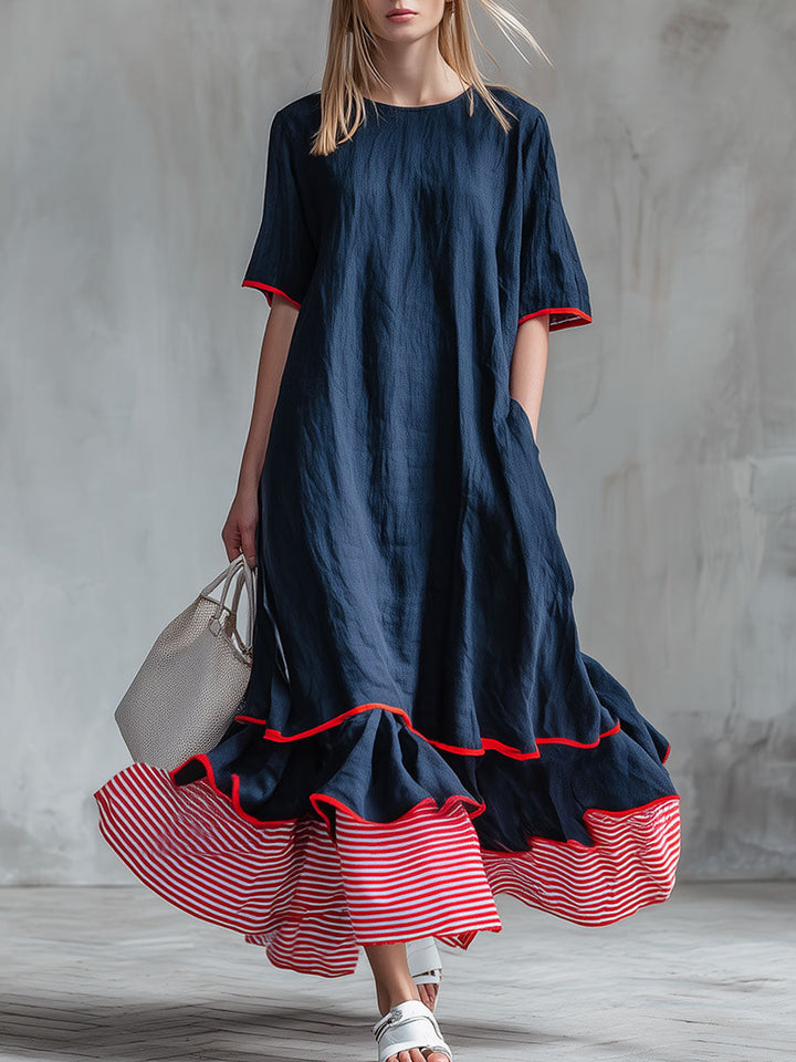 Casual Red And White Striped Patchwork Blue Cotton And Linen Maxi Dress