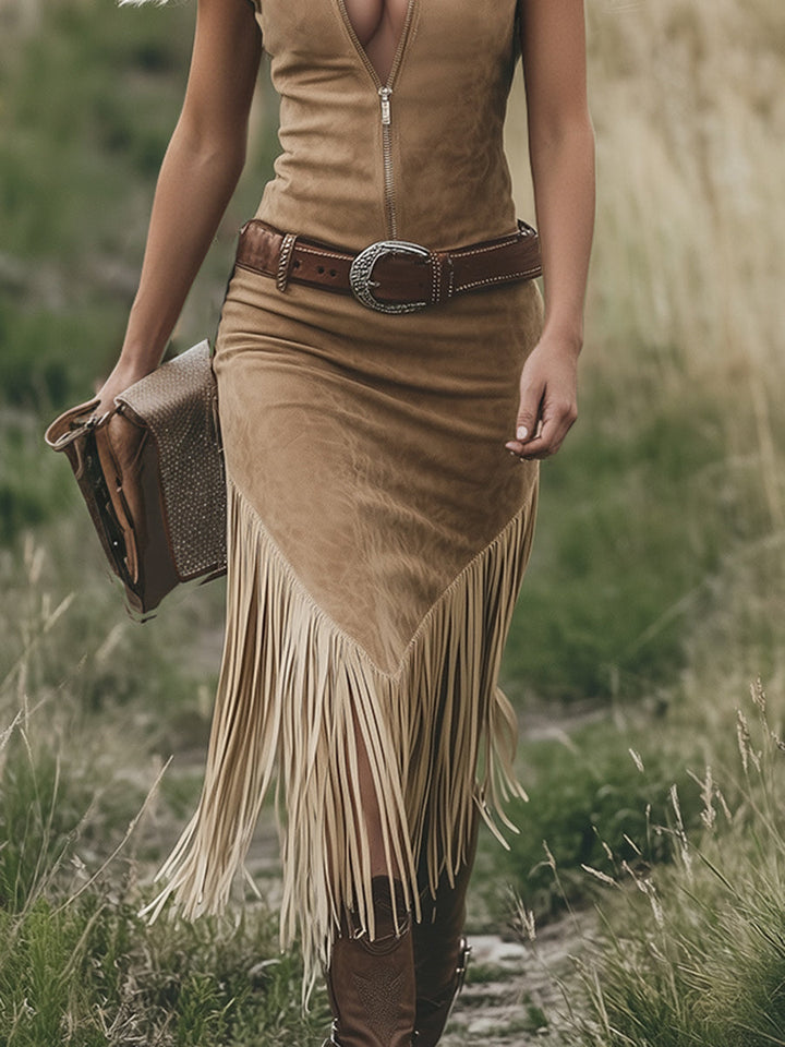 Retro Western-style Light Brown Sleeveless Tassel Midi Dress