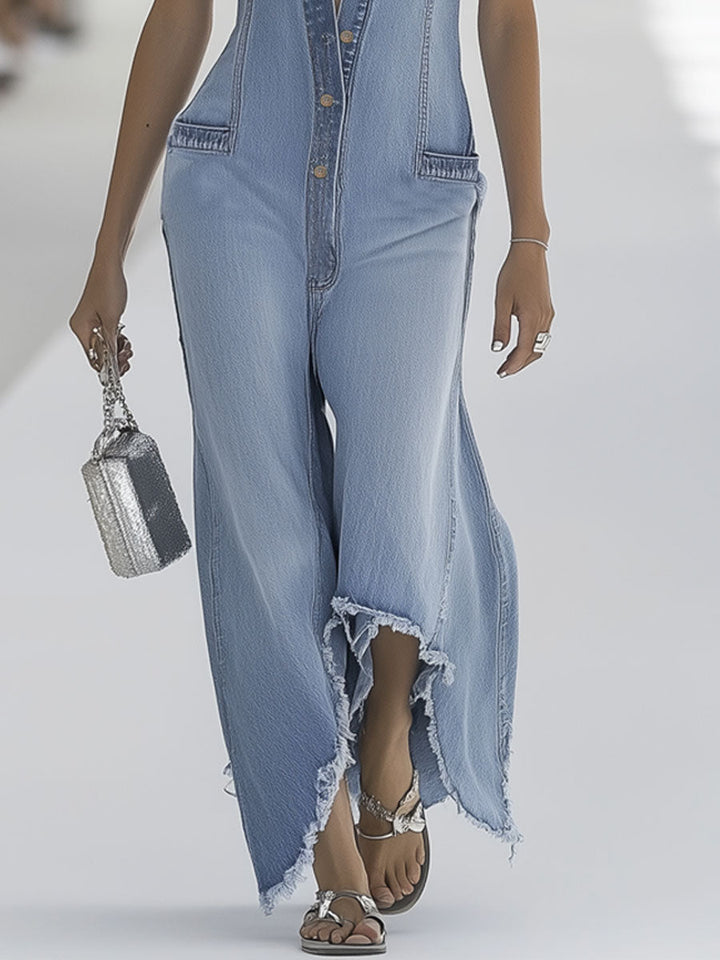 Western Retro Light Blue Denim Sleeveless Raw Edge Wide Leg Zipper Jumpsuit