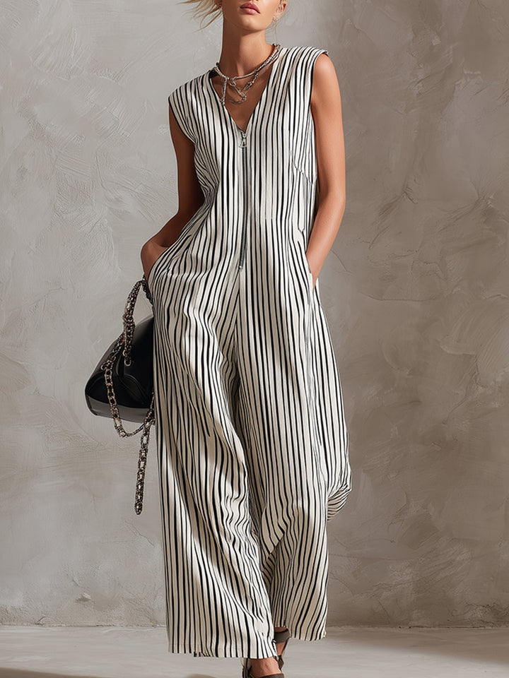 Classic Urban Silhouette Striped V-neck Sleeveless Wide-leg Jumpsuit